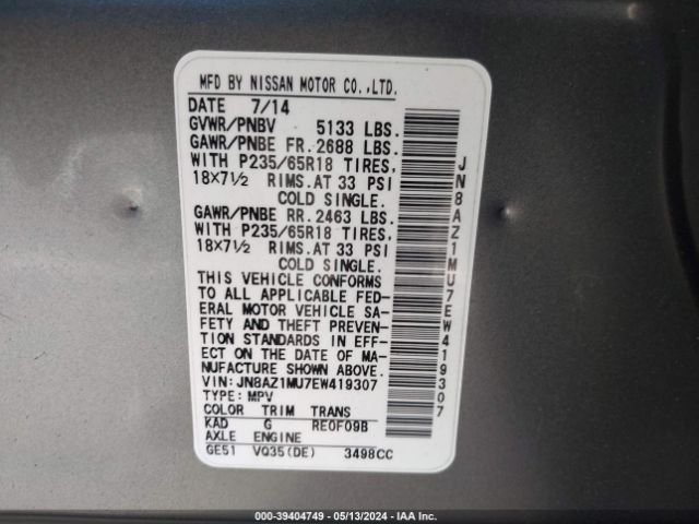 JN8AZ1MU7EW419307 Nissan MURANO SL