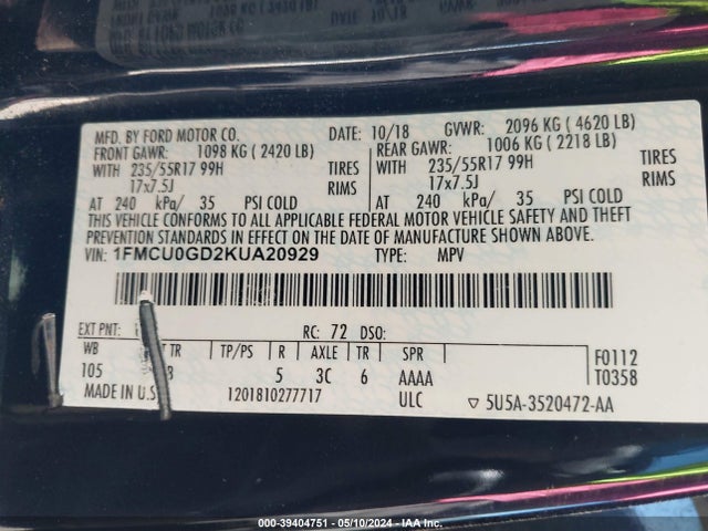 Ford ESCAPE SE 2019 1FMCU0GD2KUA20929 Image 9