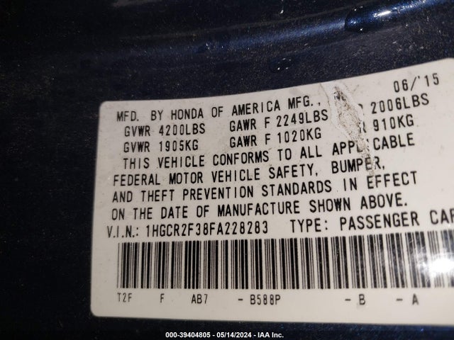 Honda ACCORD LX 2015 1HGCR2F38FA228283 Image 9