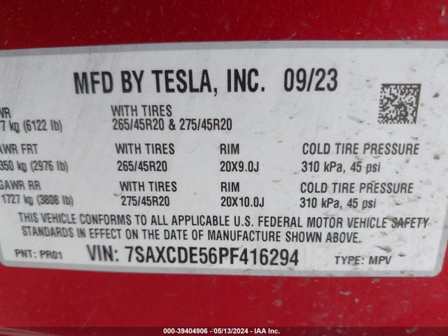 7SAXCDE56PF416294 Tesla Model X Dual Motor All-wheel Drive/standard Range