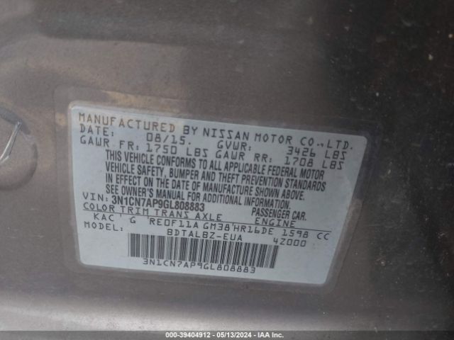 3N1CN7AP9GL808883 Nissan Versa 1.6 S/1.6 S+/1.6 Sl/1.6 Sv