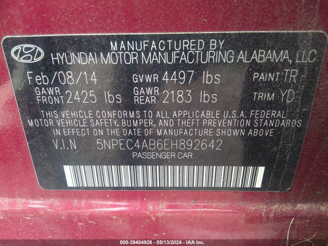 Hyundai Sonata Limited 2.0t 2014 5NPEC4AB6EH892642 Image 9