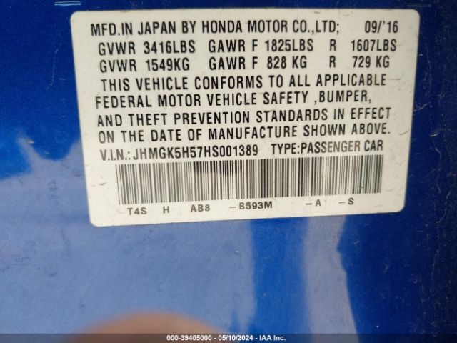 JHMGK5H57HS001389 Honda FIT LX