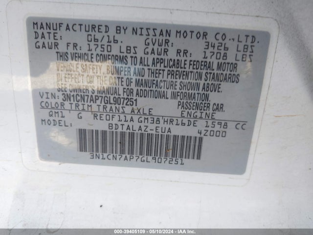 Nissan Versa 1.6 S+ 2016 3N1CN7AP7GL907251 Image 9