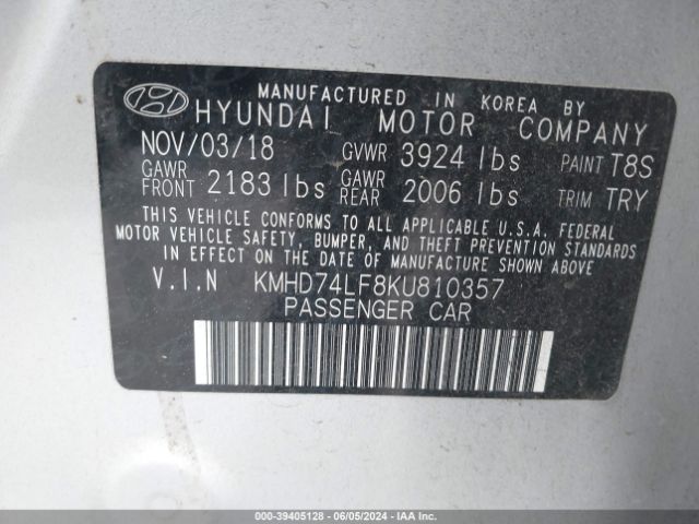 KMHD74LF8KU810357 Hyundai ELANTRA SE
