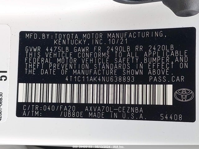 Toyota CAMRY LE 2022 4T1C11AK4NU638893 Image 9
