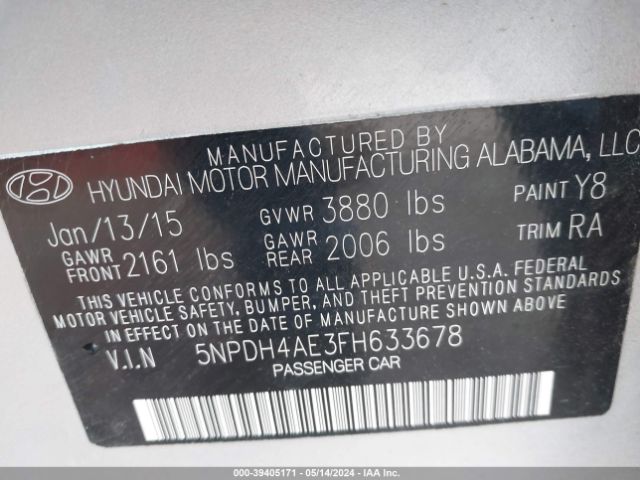 5NPDH4AE3FH633678 Hyundai ELANTRA SE