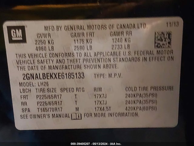 Chevrolet EQUINOX 1LT 2014 2GNALBEKXE6185133 Image 9