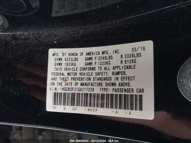 Honda ACCORD LX 2016 1HGCR2F31GA217028 Image 9