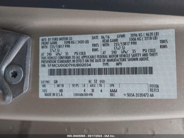 Ford ESCAPE SE 2017 1FMCU0GD7HUB02034 Image 9