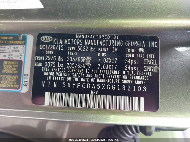 KIA Sorento 3.3l Lx 2016 5XYPGDA5XGG132103 Image 9
