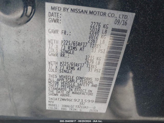 Nissan ROGUE SV 2016 5N1AT2MN9GC921599 Image 9