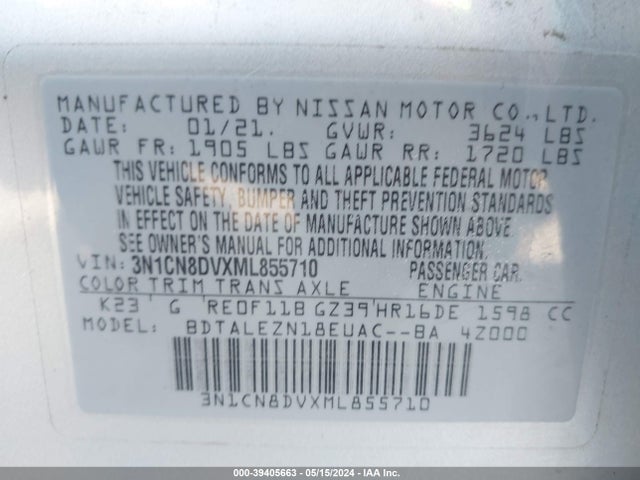 Nissan Versa S Xtronic Cvt 2021 3N1CN8DVXML855710 Image 9