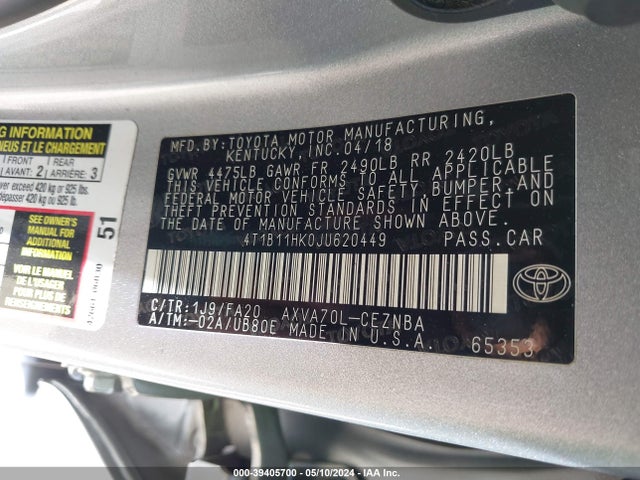 Toyota CAMRY LE 2018 4T1B11HK0JU620449 Image 9