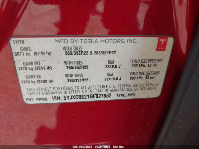 5YJXCBE21GF027862 Tesla Model X 60d/70d/75d/90d/p100d