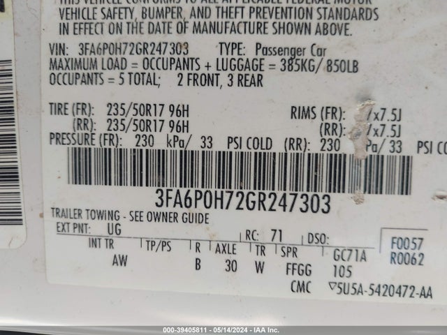 Ford FUSION SE 2016 3FA6P0H72GR247303 Image 9