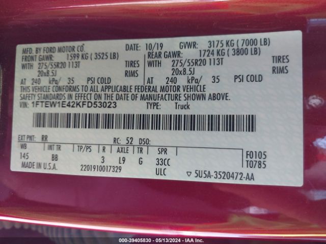 1FTEW1E42KFD53023 Ford F-150 Platinum