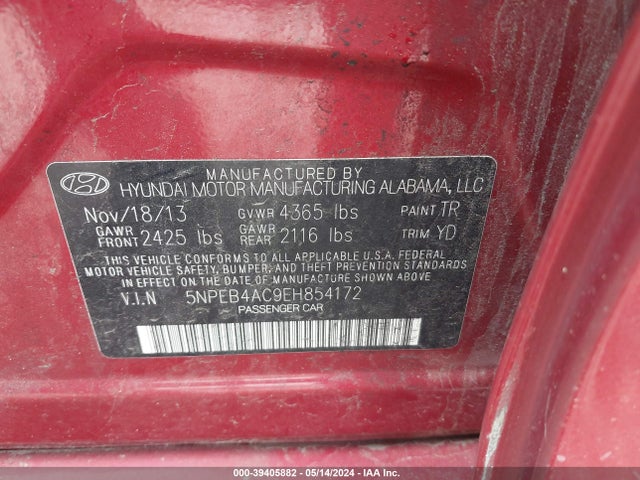 Hyundai SONATA GLS 2014 5NPEB4AC9EH854172 Image 9