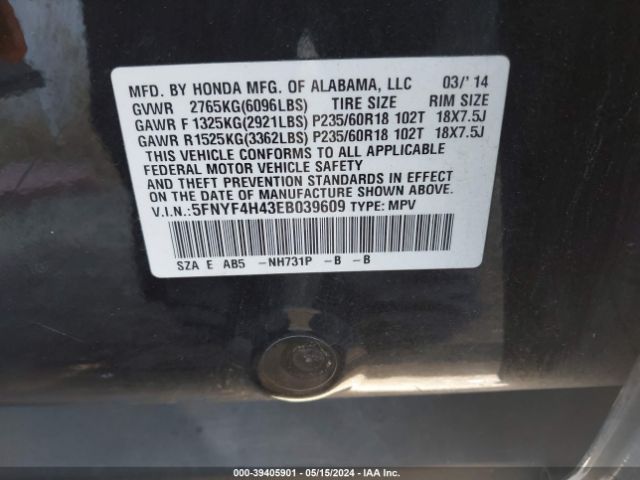 5FNYF4H43EB039609 Honda Pilot Ex
