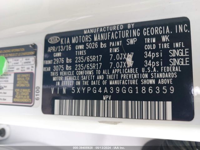 5XYPG4A39GG186359 KIA Sorento 2.4l Lx