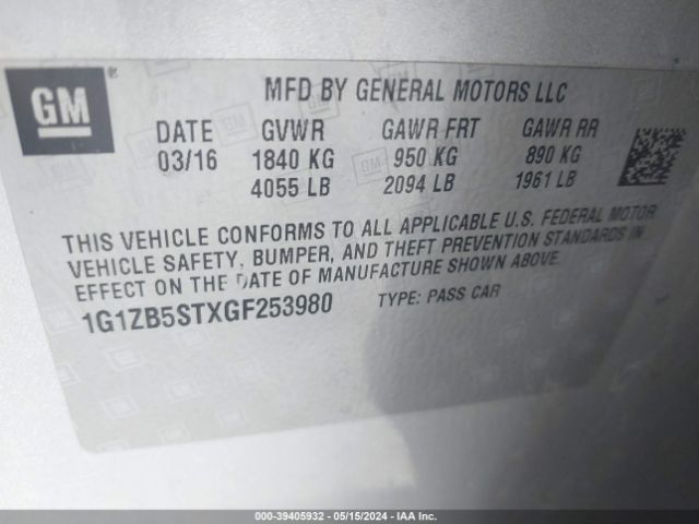 1G1ZB5STXGF253980 Chevrolet MALIBU LS