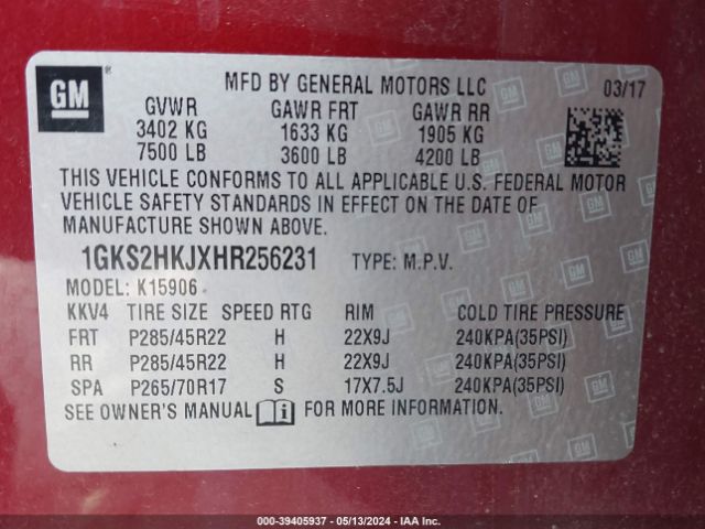 1GKS2HKJXHR256231 GMC YUKON XL DENALI