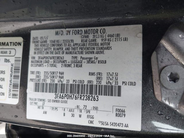 Ford FUSION SE 2015 3FA6P0H76FR238263 Image 9