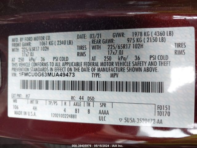 1FMCU0G63MUA49473 Ford ESCAPE SE