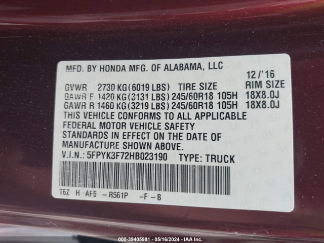 Honda Ridgeline Rtl-e 2017 5FPYK3F72HB023190 Image 9