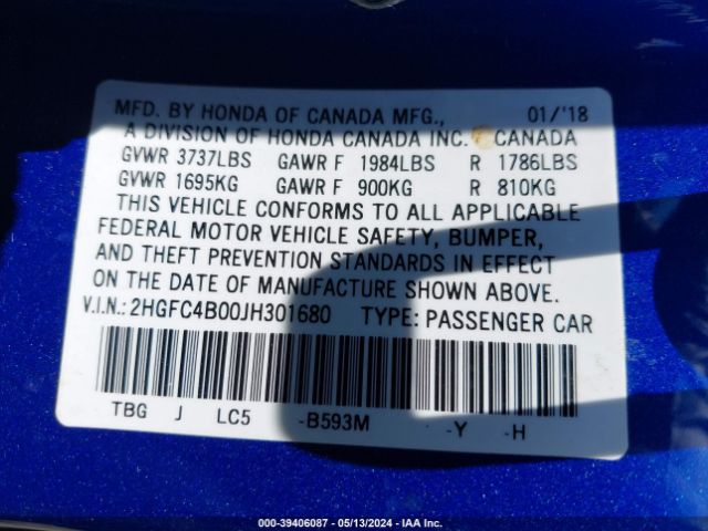 2HGFC4B00JH301680 Honda Civic Lx-p
