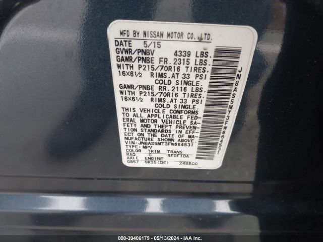 JN8AS5MT3FW664531 Nissan Rogue Select S