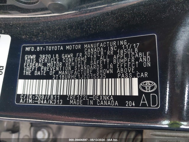 Toyota COROLLA LE 2018 2T1BURHE1JC015535 Image 9