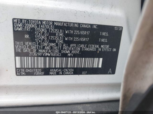2T3G1RFV9MW168563 Toyota RAV4 LE
