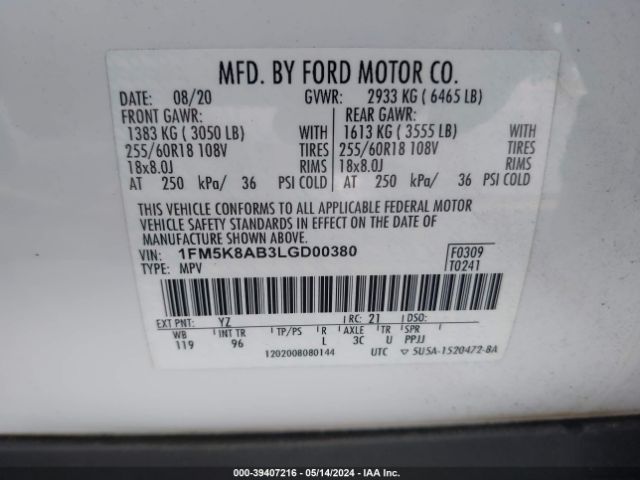 1FM5K8AB3LGD00380 Ford Police Interceptor Utility