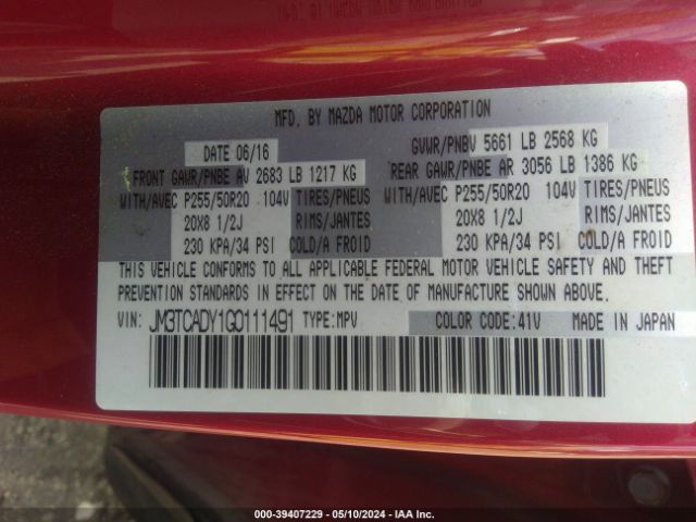 JM3TCADY1G0111491 Mazda Cx-9 Grand Touring