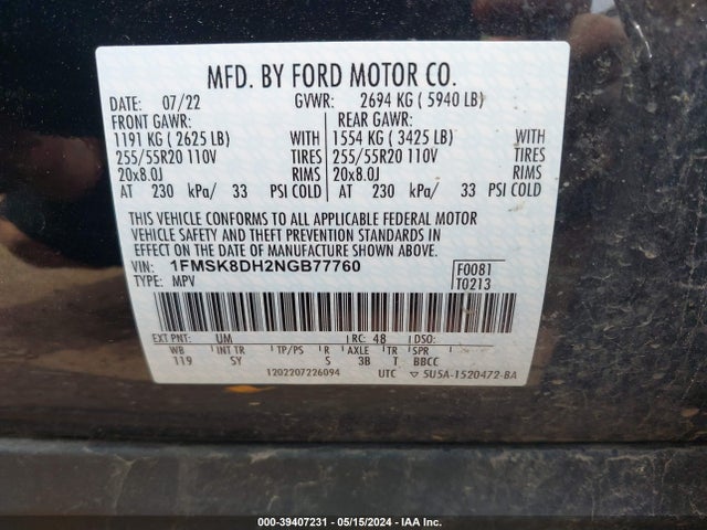 Ford EXPLORER XLT 2022 1FMSK8DH2NGB77760 Image 9