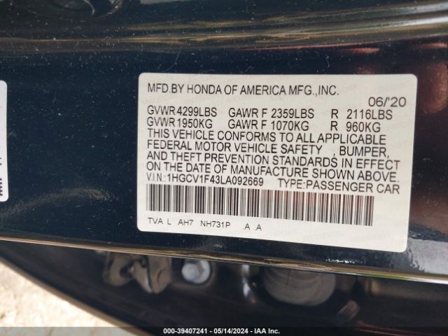 1HGCV1F43LA092669 Honda ACCORD EX
