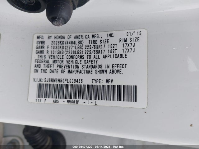 Honda CR-V EX 2015 5J6RM3H50FL009456 Image 9
