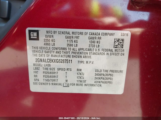 Chevrolet EQUINOX LT 2016 2GNALCEKXG6287511 Image 9