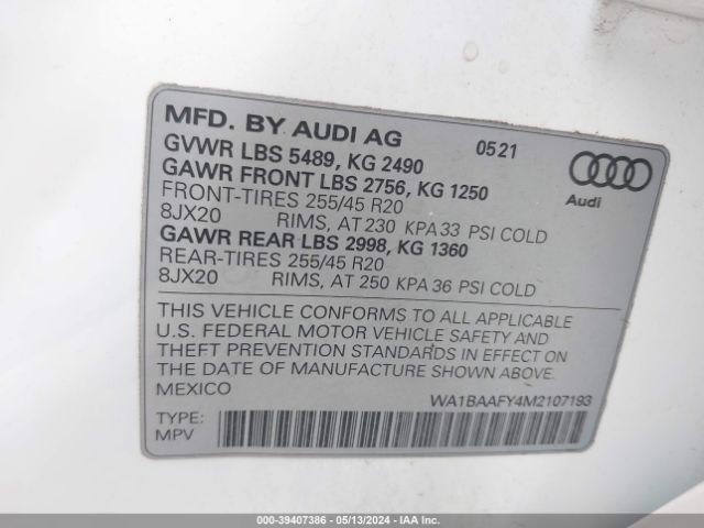 WA1BAAFY4M2107193 Audi Q5 Premium Plus 45 Tfsi Quattro S Tronic