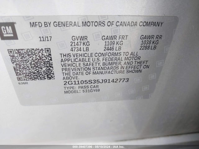 Chevrolet IMPALA 1LT 2018 2G1105S35J9142773 Image 9