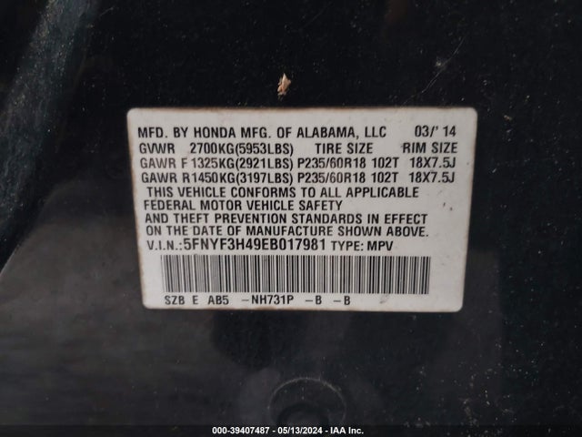 Honda Pilot Ex 2014 5FNYF3H49EB017981 Image 9