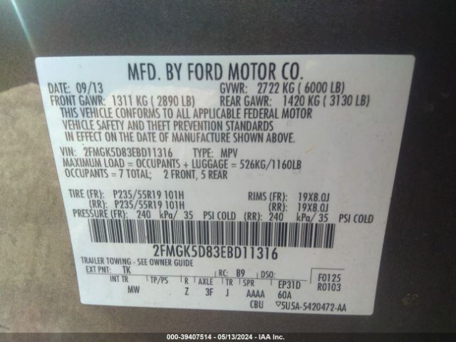 2FMGK5D83EBD11316 Ford Flex Limited