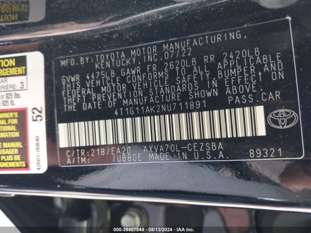 2022 TOYOTA CAMRY 4T1G11AK2NU711891 Photo 8