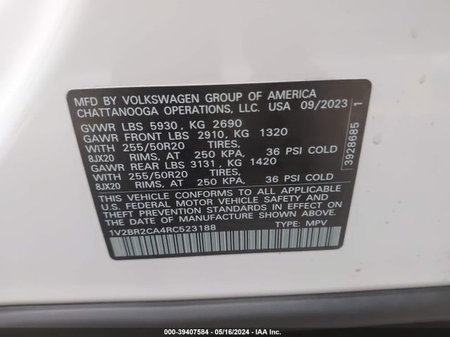 1V2BR2CA4RC523188 Volkswagen Atlas 2.0t Sel