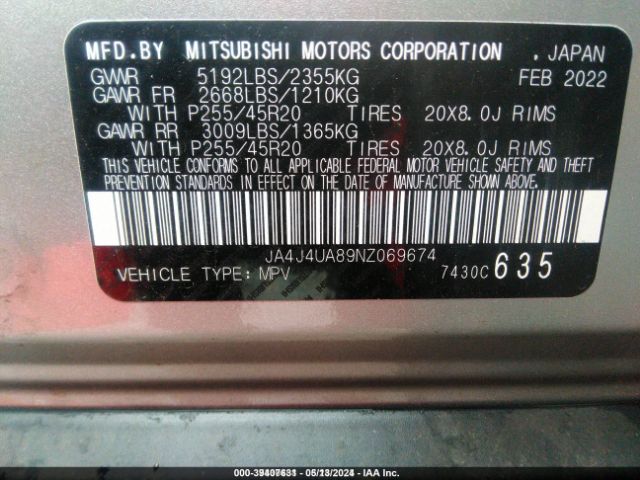 JA4J4UA89NZ069674 Mitsubishi Outlander Black Edition
