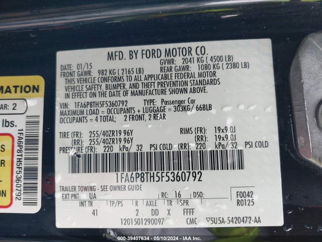 Ford Mustang Ecoboost 2015 1FA6P8TH5F5360792 Image 9