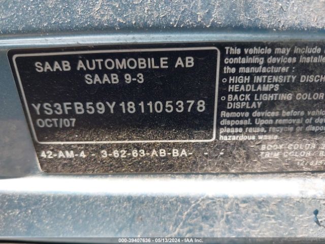 2008 SAAB 9-3 YS3FB59Y181105378 Photo 8