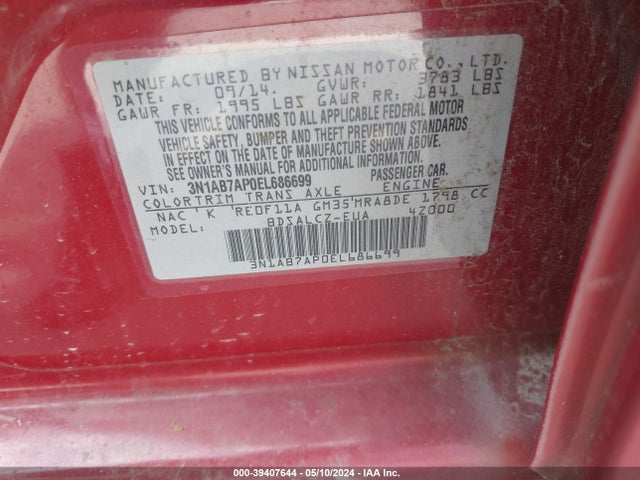 Nissan SENTRA S 2014 3N1AB7AP0EL686699 Image 9