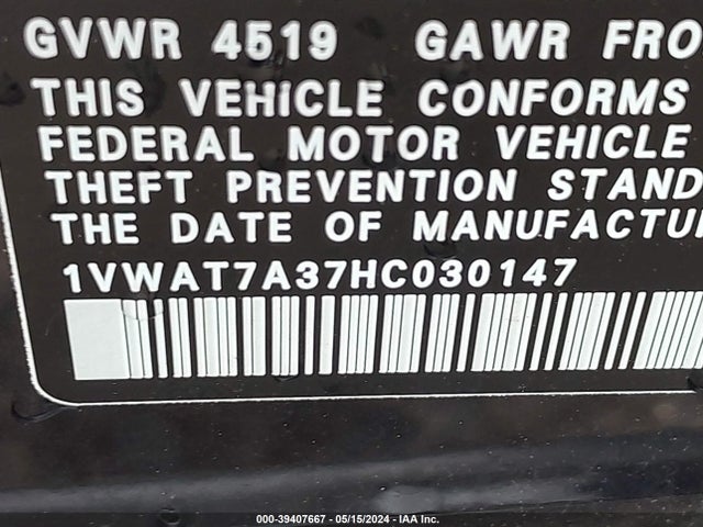 1VWAT7A37HC030147 Volkswagen Passat 1.8t S